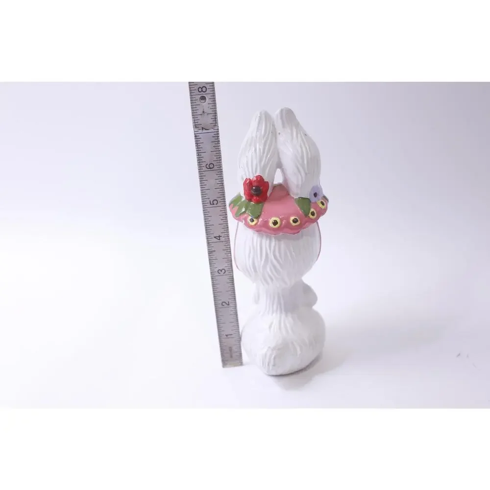 Easter Rabbit holding a Basket with Flowers, Ceramic Figurine, 80s Spring